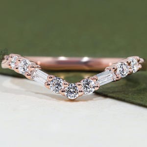 Unique Moissanite Wedding Band Solid Gold Baguette & Round Cut Moissanite Curved Wedding Band Moissanite Stacking Ring Promise Gift For Her