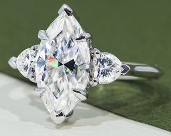 2.5 CT Marquise Moissanite Three Stone Engagement Ring Solid White Gold Pear Side Stones Plain Band Unique Bridal Promise Ring Her