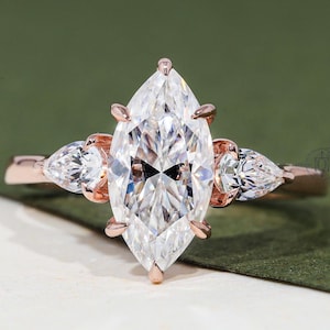 Three Stone Marquise Engagement Ring Marquise Cut Proposal Ring With Pear Side Stones 1.5 CT Marquise Diamond Ring Marquise Moissanite Ring