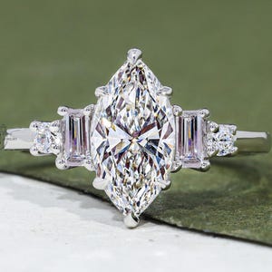 1.50 CT Marquise Lab Grown Diamond Engagement Ring with Side Stones 14K Solid Gold Vintage Inspired Promise Ring Marquise Cluster Ring