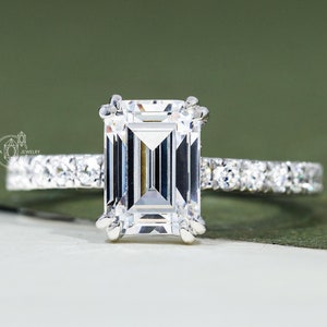 Hidden Halo Emerald Cut Moissanite Wedding Ring 14K Solid Gold Solitaire Half Eternity Double Prong Engagement Ring Anniversary Gifts Ring