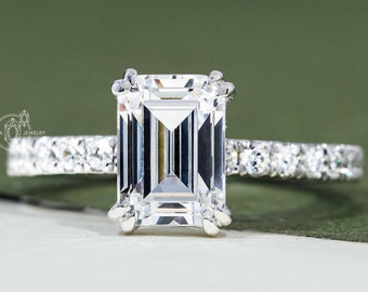 Hidden Halo Emerald Cut Moissanite Wedding Ring 14K Solid Gold Solitaire Half Eternity Double Prong Engagement Ring Anniversary Gifts Ring
