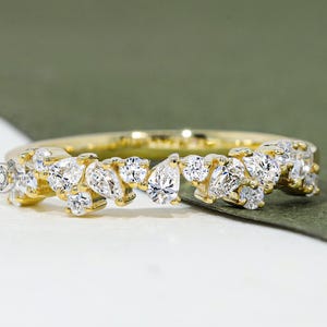 Cluster Moissanite Wedding Ring Pear & Round Alternate Diamond Wedding Band Pear Stacking/Matching Yellow Gold Band Anniversary Gift for Her