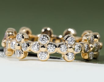 Clover Floral Moissanite Full Eternity Band 14K solid Gold Stacking Ring Four leaf Clover Ring Diamond Jewelry Minimalist Ring Gift For Her
