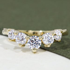 Round Cut Moissanite Curved Wedding Band Handmade 14k Yellow Gold Round Cut Moissanite Matching Band Stacking Curved Bridal Ring For Her
