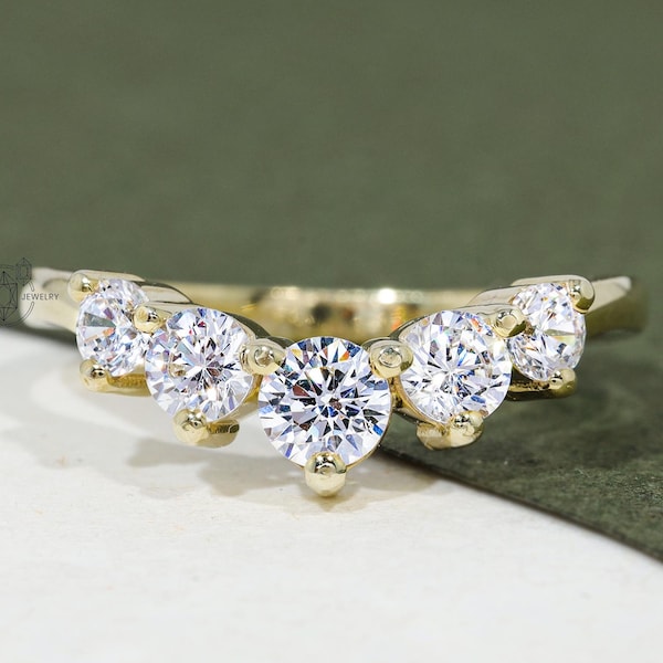 Round Cut Moissanite Curved Wedding Band Handmade 14k Yellow Gold Round Cut Moissanite Matching Band Stacking Curved Bridal Ring For Her