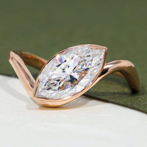 1.5 CT Marquise East West Moissanite Solitaire Engagement Ring 14K Solid Rose Gold Full Bezel Bypass Elegant Bridal Wedding Ring