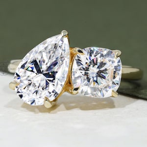 4.0 CT Toi et Moi Ring 14k Solid Gold Cushion and Pear Cut Moissanite Engagement Ring Double Stone Promise Ring Anniversary Gift for Her