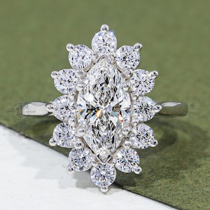 1.5 CT Lab Grown Diamond Halo Ring Classic Marquise Diamond Engagement Ring IGI Certified Diamond Star Burst Wedding Ring Art Deco Ring