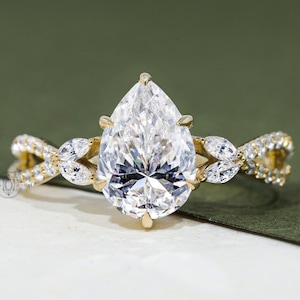 Peervormige Moissaniet verlovingsring Vintage roségouden ring Marquise diamanten ring aan de zijkant Unieke gedraaide band bruidsring jubileumring