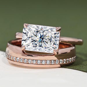 2.75CT Radiant Cut Moissanite East West Proposal Ring With Classic Wide Wedding Band Ring Set Bridal Ring Set Anniversary Gift Birthday Gift