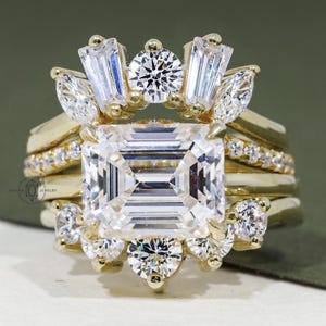 Emerald Cut Engagement Ring Set Moissanite Engagement Ring Emerald Cut Wedding Ring Set Vintage Rose Gold Bridal Set Eternity Ring Set