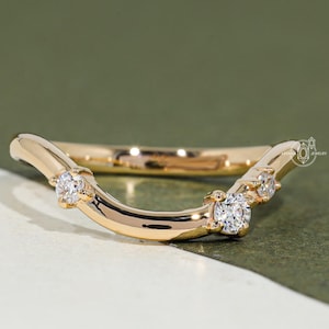 Round Moissanite Wedding Band Solid Gold Rings Unique Moissanite Stacking Ring Custom Ring Curved Wedding Ring Personalized Gifts For Women