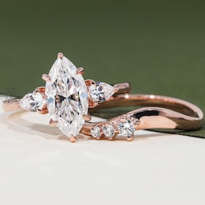 Marquise Cut Moissanite Engagement Ring Set Vintage Side Pear Wedding Ring Round Cut Curved Wedding Band Set Bridal set Anniversary Gift