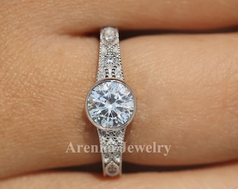 Vintage Stil Runde Moissanite Bezel Set Ring, Art-Deco-Verlobungsring, 14K Massivgold, Ehering, Versprechensring, Geschenk, Geschenk für sie