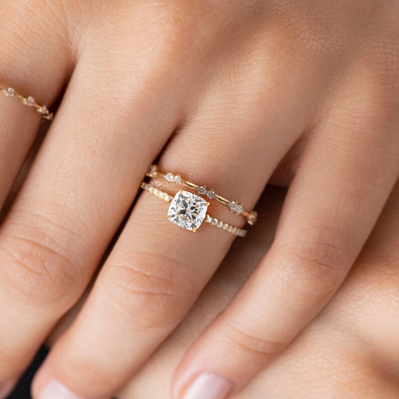 Shops Cushion Accented Solitaire Engagement Ring Unique Half Eternity Ring Bridal Anniversary Women, Man Made Diamond Simulants, Minimalist Ring