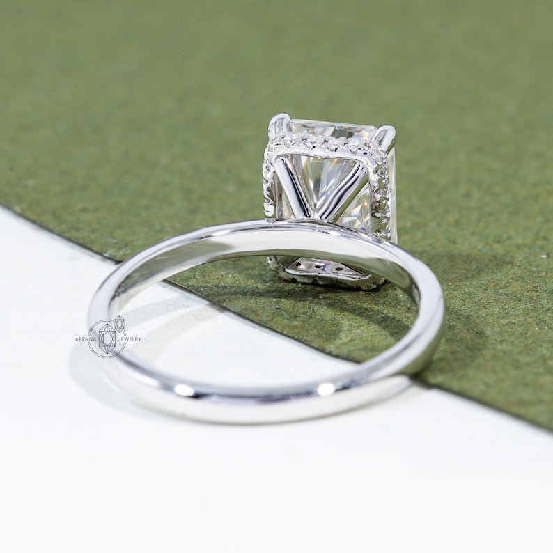 Radiant Cut Moissanite Solitaire Hidden Halo Engagement Ring 18K White ...