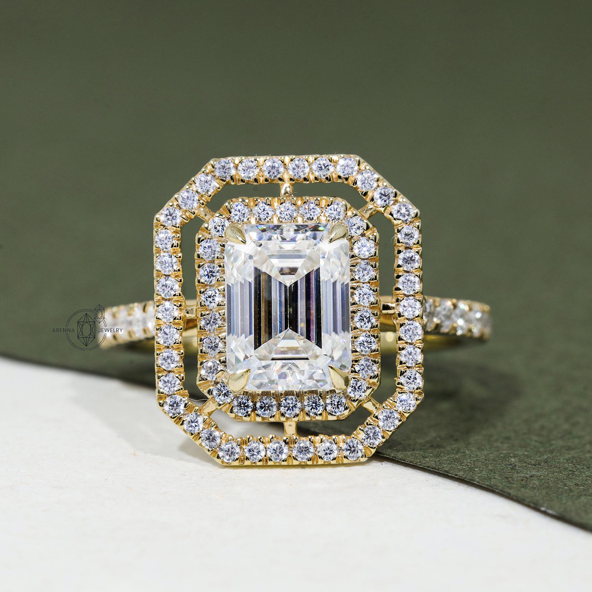 1.55 CT Vintage Style Emerald Cut Moissanite Engagement Diamond Ring Emerald Double Halo Wedding Ring for Women Promise Ring Gift For Women