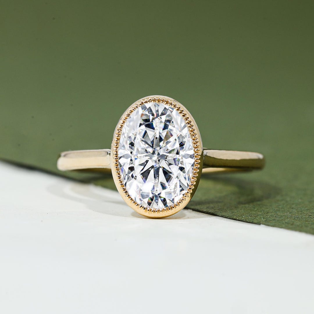 Oval Moissanite Bezel Engagement Ring 2ct 14K Yellow Gold Milgrain ...