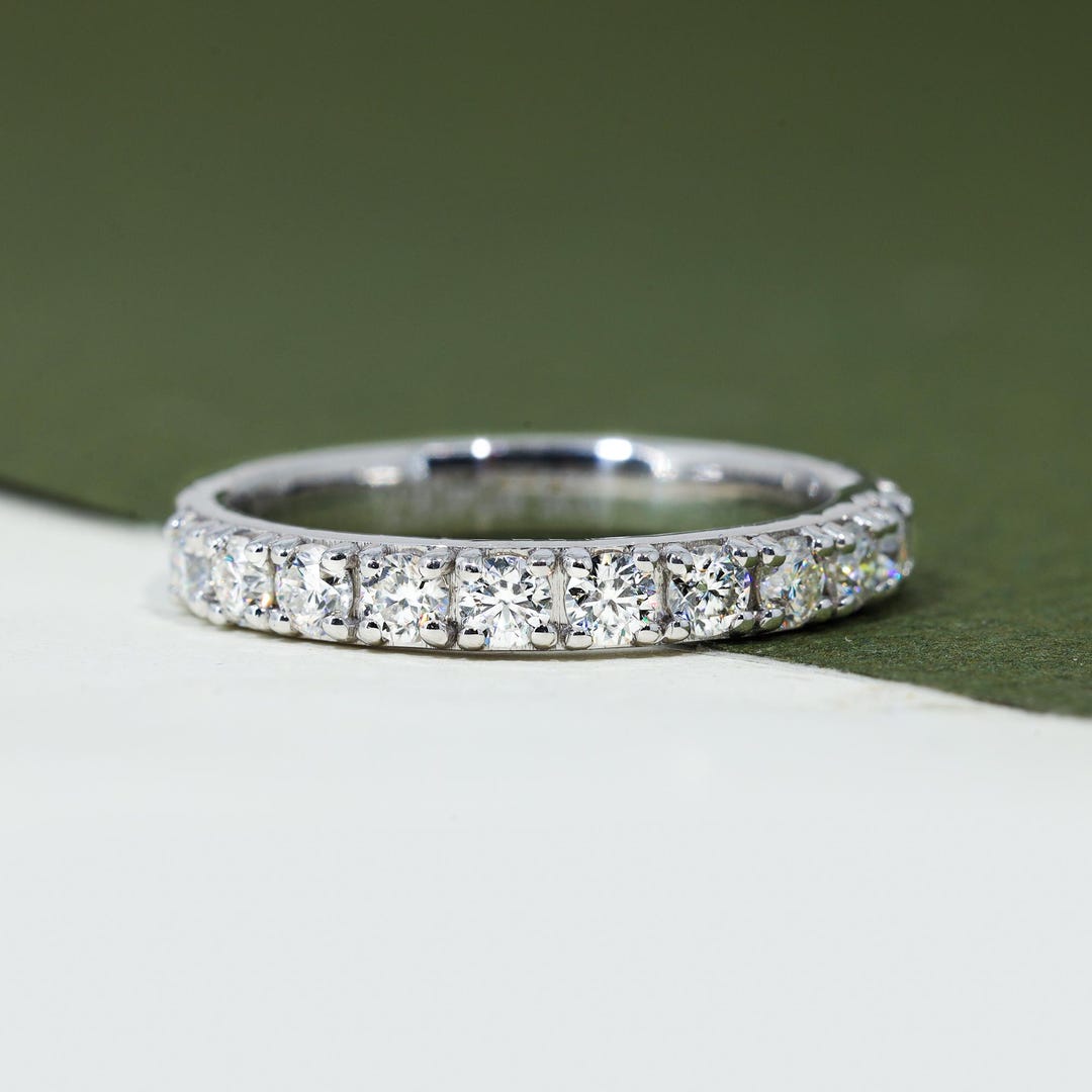 14k Solid Gold Half Eternity Band Round Cut Moissanite Wedding Ring ...