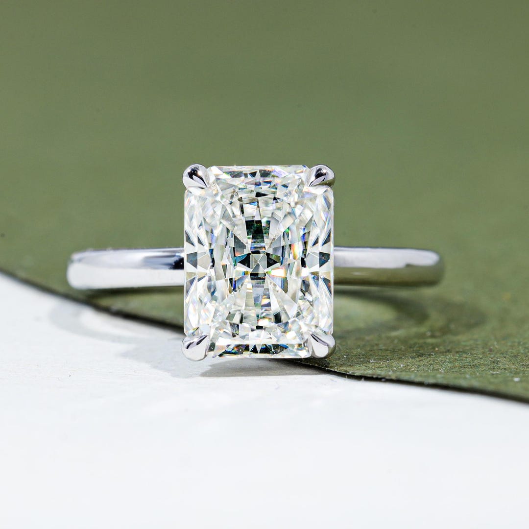 Radiant Cut Moissanite Solitaire Hidden Halo Engagement Ring 18K White ...