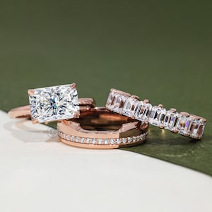 2.75 CT Radiant Cut Moissanite East West Engagement Ring Set Classic Wide Band and Emerald Wedding Band Set Vintage Style Bridal Ring Set