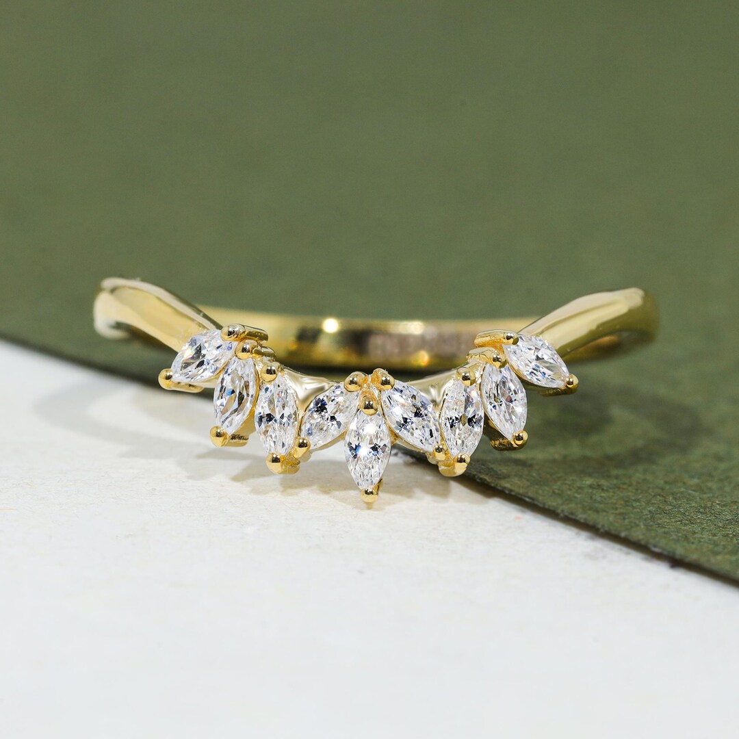 Marquise Cut Moissanite Curved Wedding Band Unique Yellow Gold Wedding ...