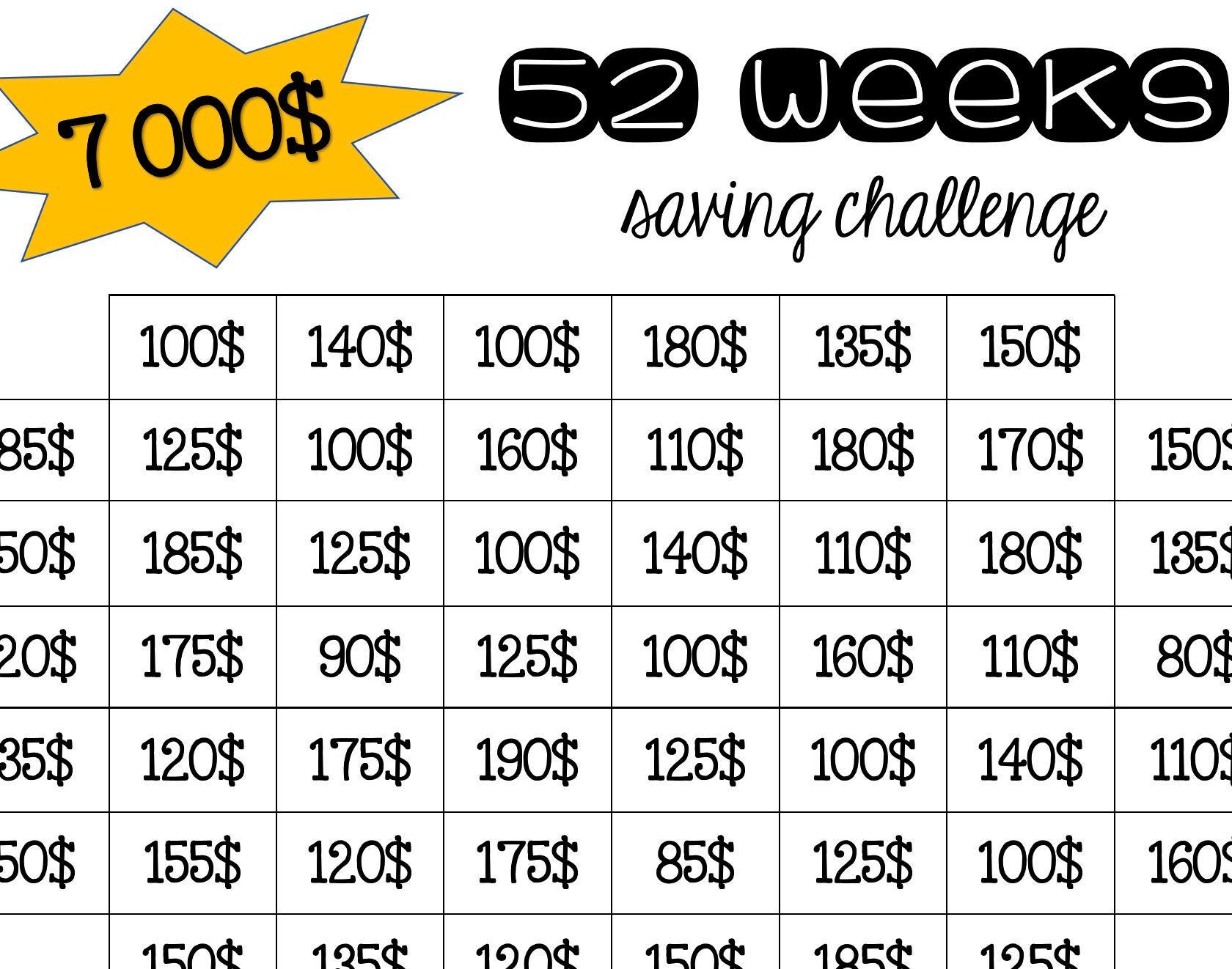 52 Weeks Saving Challenge 7k To 12k Etsy