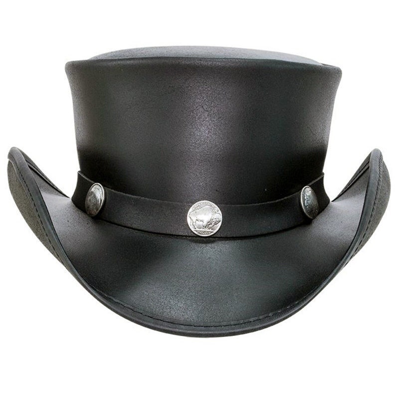 Steampunk Deadman Leather Top Hat w/ Buffalo Nickle Black Motorcycle