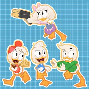 May include: Four cartoon ducks in various poses. A white duck with pink accents is holding a whisk and wearing a purple dress. A red and white duck with a baseball cap is holding a scroll. A white duck with blue accents is wearing a blue shirt. A white duck with green accents is wearing a green shirt.