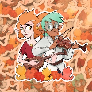 May include: Two cartoon characters, a woman with orange hair and a man with green hair, are playing musical instruments. The woman is playing a lute and the man is playing a violin. They are both wearing colorful clothing and are surrounded by flowers.