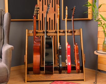 Organizador de guitarras de madera con múltiples ranuras, soporte para escenario, estante de exhibición para el hogar para instrumentos acústicos, eléctricos y clásicos. Pieza de colección para músicos.