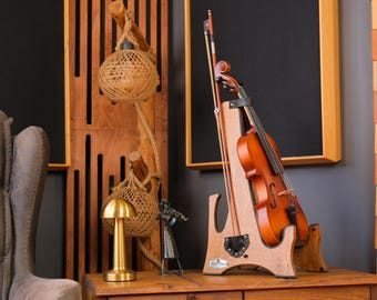 Violin Stand, Foldable Wooden Holder with Leather Pocket, Music Accessory for Players Home Studio Setup, Daily Practice and Storage Use