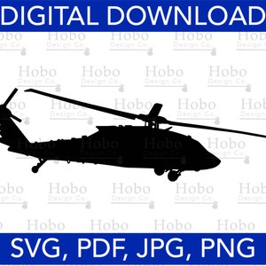 Puede incluir: Silueta negra de un helicóptero con una pala de rotor. El helicóptero está orientado hacia la izquierda. La imagen tiene el texto "DIGITAL DOWNLOAD" en la parte superior y "SVG, PDF, JPG, PNG" en la parte inferior.