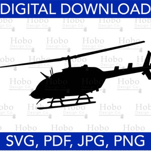 May include: Black silhouette of a helicopter with a long tail boom and a large rotor blade. The helicopter is flying with the landing skids extended.  DIGITAL DOWNLOAD SVG, PDF, JPG, PNG