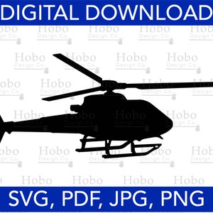 Pode incluir: Silhueta preta de um helicóptero sobre um fundo branco. O texto "DIGITAL DOWNLOAD" está na parte superior da imagem em letras azuis. O texto "SVG, PDF, JPG, PNG" está na parte inferior da imagem em letras azuis.