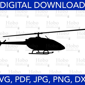 May include: Black silhouette of a helicopter with a long tail rotor. The helicopter is facing right and has a large, round body. The image is set against a white background with the text "DIGITAL DOWNLOAD" at the top and "SVG, PDF, JPG, PNG, DXF" at the bottom.