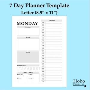 Printable 7 Day Planner - Letter size - pdf download