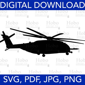 May include: Black silhouette of a military helicopter with a rotor blade and a tail boom. The helicopter is facing left and is on a white background.  The text "DIGITAL DOWNLOAD" is at the top of the image and the text "SVG, PDF, JPG, PNG" is at the bottom of the image.