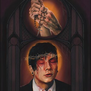 May include: Digital art print featuring a person with closed eyes, a crown of thorns, and blood. Above, hands hold a rosary. The artwork is set within a dark, gothic-style frame, with a warm, orange glow.