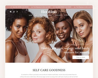 May include: Three women of different ethnicities are smiling and looking at the camera. The text "Healthy and pure, organic small batch skincare for women" is displayed on the website. The website is called "Routine".