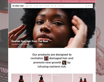 Puede incluir: Una interfaz de sitio web para una marca de cuidado capilar con un banner que muestra a una persona, el texto "Nourish Your Hair From The Root" y una cuadrícula de productos con varios frascos y tarros Pinkroot sobre un fondo rosa claro.