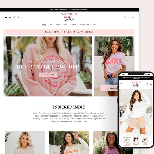 Indie - Boutique Shopify Theme | Pink Shopify Template | Feminine, Minimal & Cute Design | Editable Canva Templates | Shopify OS 2.0 Theme