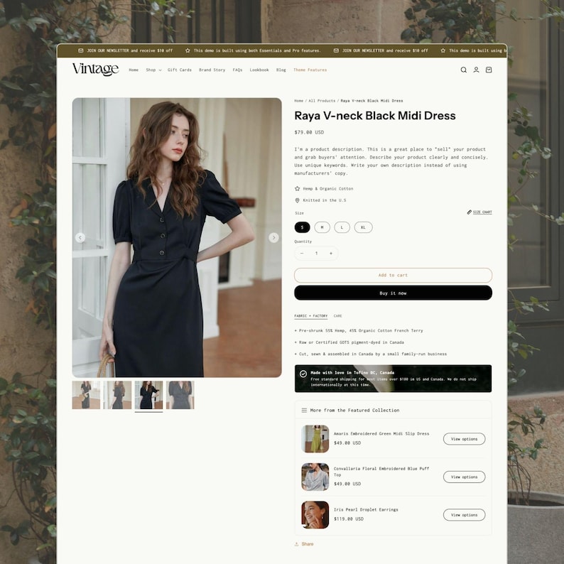 K&ouml;nnte beinhalten: Ein schwarzes Midikleid mit V-Ausschnitt, kurzen Puff&auml;rmeln und einer durchgehenden Knopfleiste. Die Produktseite zeigt den Titel Raya V-neck Black Midi Dress, verschiedene Gr&ouml;&szlig;enoptionen sowie Angaben zur Materialzusammensetzung.