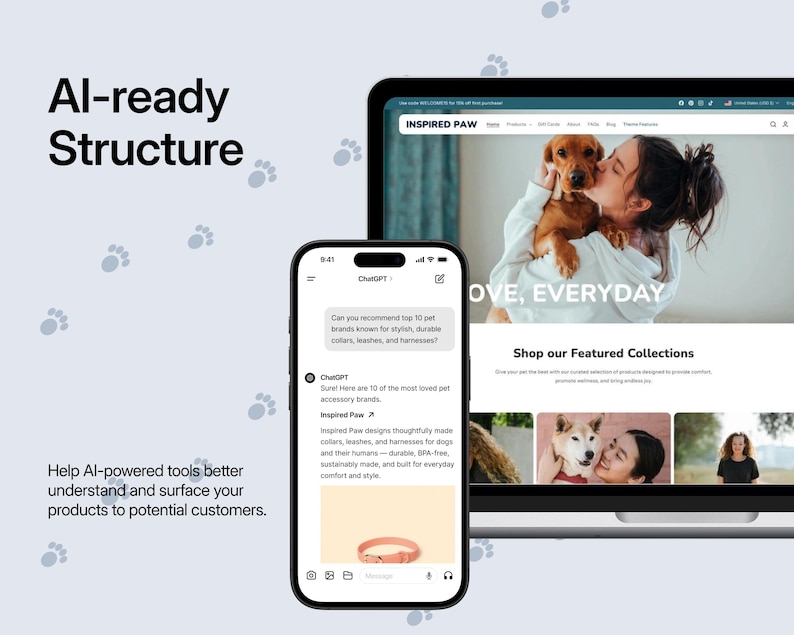 May include: A laptop and a smartphone displaying the Inspired Paw website and a ChatGPT interface. The text AI-ready Structure and Help AI-powered tools better understand and surface your products to potential customers appear on a light blue background.