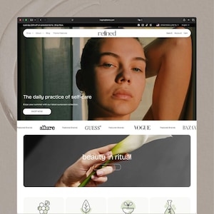 May include: A website interface for Refined featuring a hero section with a portrait of a person, the text The daily practice of self-care, and a Shop Now button. Below, a banner displays the text beauty in ritual with a white calla lily flower.
