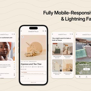 Puede incluir: Cuatro pantallas de smartphone que muestran una interfaz de sitio web de comercio electr&oacute;nico con el texto Fully Mobile-Responsive & Lightning Fast. Las pantallas muestran listados de productos, rese&ntilde;as y banners promocionales.