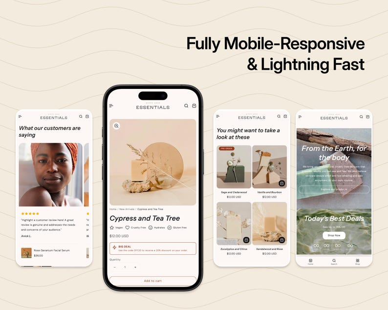 Puede incluir: Cuatro pantallas de smartphone que muestran una interfaz de sitio web de comercio electr&oacute;nico con el texto Fully Mobile-Responsive & Lightning Fast. Las pantallas muestran listados de productos, rese&ntilde;as y banners promocionales.