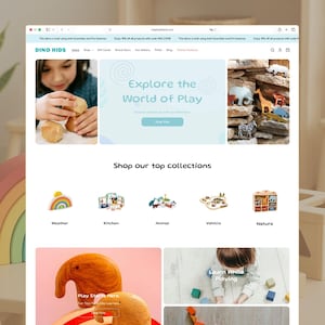 May include: A website interface for Dino Kids featuring a navigation bar, a hero section with the text Explore the World of Play, and a Shop our top collections section displaying categories like Weather, Kitchen, Animal, Vehicle, and Nature.