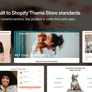 May include: A digital display of a Shopify e-commerce website template titled Inspired Paw, featuring pet-themed product pages, customer reviews, and collection sections with text overlays including Built to Shopify Theme Store standards.
